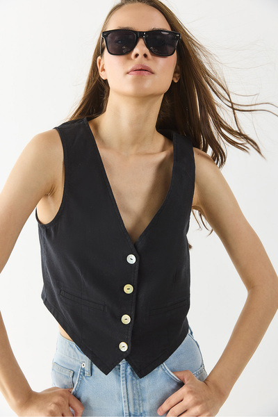 VENA Γυναικεία Λινό Γιλέκο Μπλούζα - ΜΑΥΡΗ