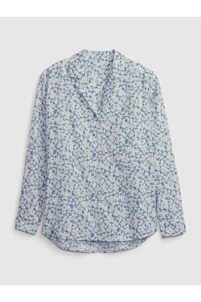 GAP Kadın Mavi Desenli Poplin Pijama Üstü