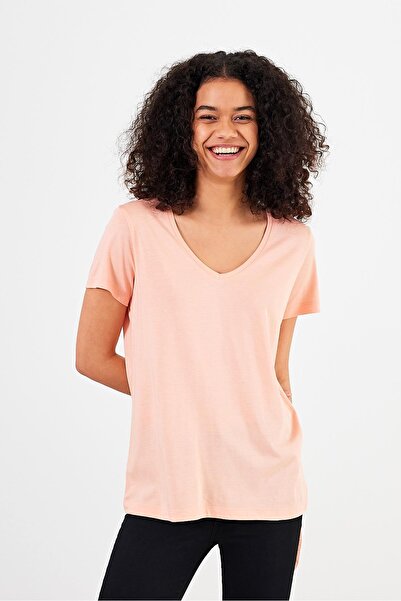 VENA Tricou modal cu decolteu în V, cu decolteu în V, iubit, roz praf praf (Lyocell)