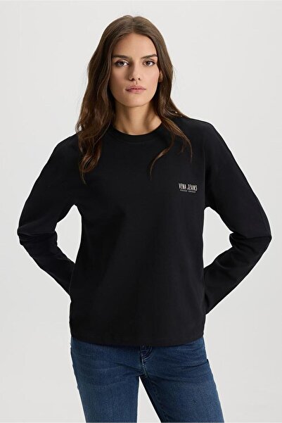 VENA Kadın Bisiklet Yaka Logo Baskılı Uzun Kollu Tişört-Siyah
