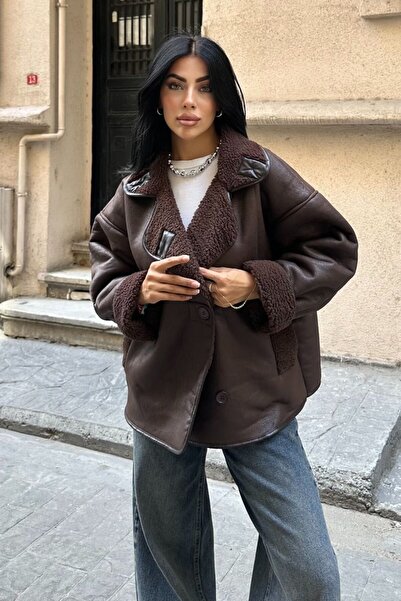 moda armanc Else Acı Kahve Dokulu Süet Içi Peluşlu Oversize Zr Model Mont