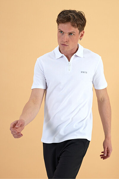 VENA Nicolas Zipper Detailed Polo Collar T-Shirt - White