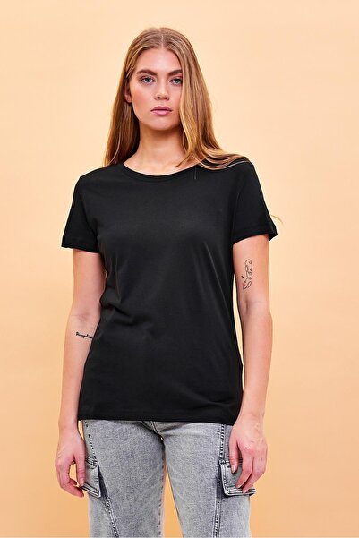 VENA Γυναικείο μπλουζάκι Boyfriend με μαύρο λαιμόκοψη με κανονική εφαρμογή Modal (Lyocell)