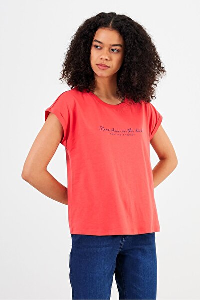 VENA Shine Crew Neck Printed Regular Fit T-Shirt-Coral