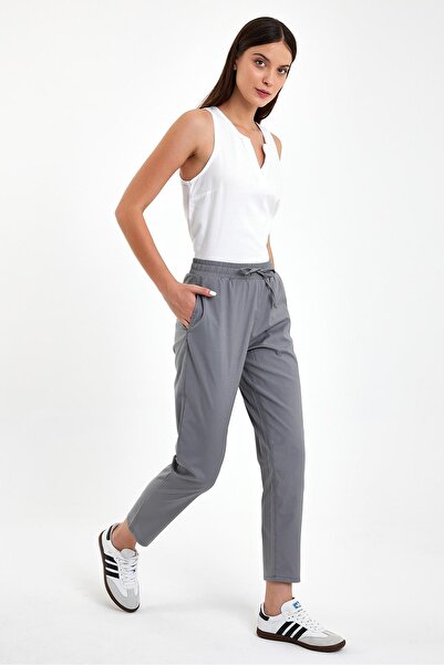 VENA Alian Beli Lastikli Çizgili Summer Gabardin Pantolon-Füme Çizgili