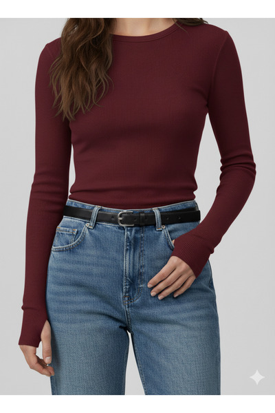 less is or طاقم الرقبة إصبع المفاجئة مفصلة بورجوندي طويلة الأكمام التي شيرت