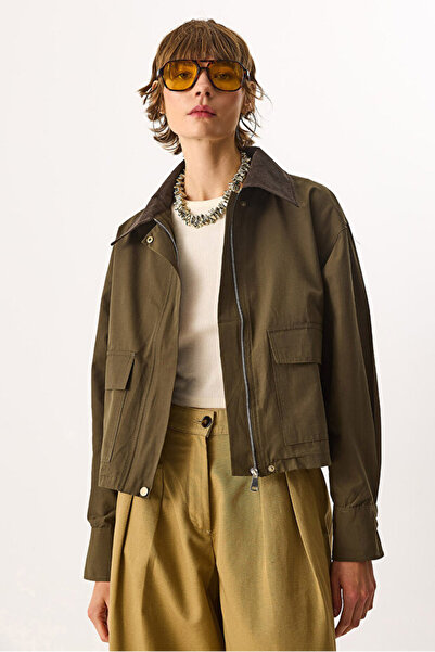 VENA Women's Velvet Collar Regular Fit Gabardine Jacket - Khaki