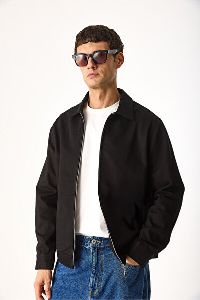 VENA Regular Fit Cashmere Jacket with Zipper Front - Black