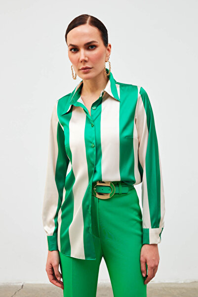 Sateen Çizgili Salaş Gömlek - Yeşil