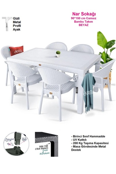 nar sokağı Bambu 90x150 Cm Camsız Rattan Bahçe Balkon Masa Takımı