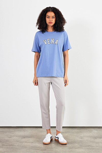 VENA Tricou cu decolteu rotund cu imprimeu jeans - Albastru cer