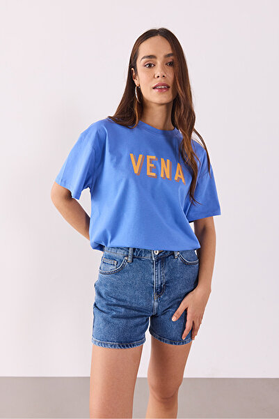 VENA Tricou oversize cu logo imprimat-albastru