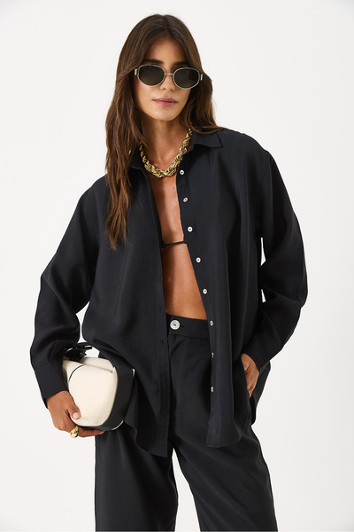 VENA Bella Soft Textured Shirt(Cupro) - Black