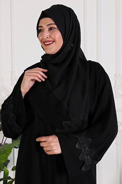 GigiTex Χιτζάπ με μεταξωτό σάλι του Ντουμπάι - Κομψό και υψηλής ποιότητας, με λεπτομέρεια από δαντέλα σε σχήμα ζιγκ-ζαγκ, μήκος 150 εκ.