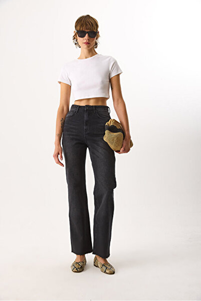 VENA Wanda Extra High Waist Black Wide Leg Jean Pants-Black