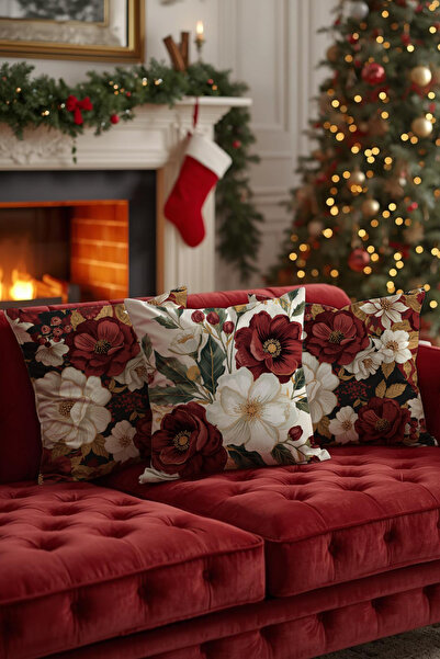 Queen Jera Set de 3 huse decorative pentru perne cu model de flori roșii tematice de Anul Nou - Decor elegant și cald pentru casă