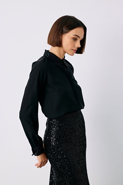 Sateen Payet Detaylı Klasik Gömlek - Siyah