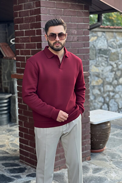 GUARAZ Ανδρικό φούτερ με γιακά πόλο μπορντό από βαμβακερό μαλακό χοντρό ύφασμα oversize