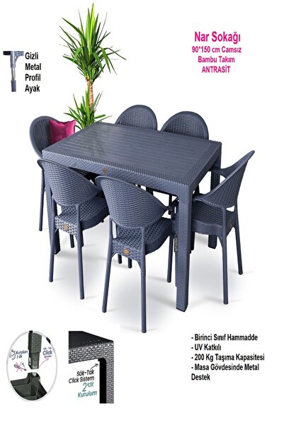 nar sokağı Bambu 90x150 Cm Camsız Rattan Bahçe Balkon Masa Takımı
