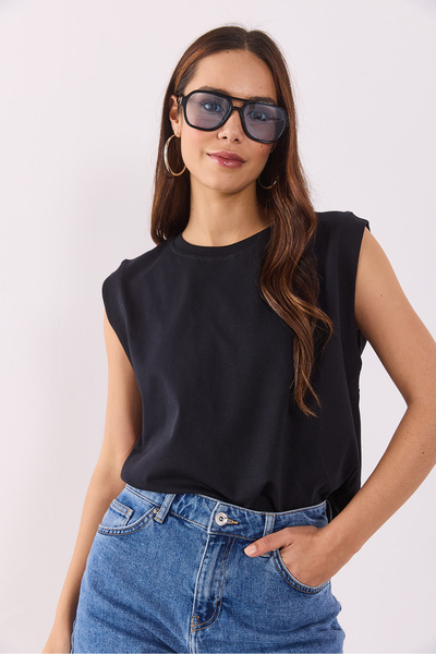 VENA Crew Neck Sleeveless Cotton T-Shirt - Black