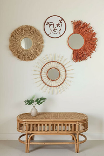 Bubihome Kiremit Bohem Rafya Bambu Ayna 4'lü Set - El Yapımı Doğal Duvar Dekorasyonu