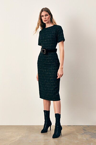 Sateen Simli Kısa Kol Elbise - SİYAH