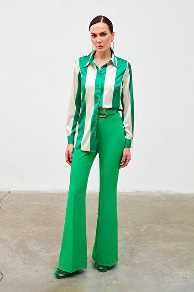 Sateen Çizgili Salaş Gömlek - Yeşil