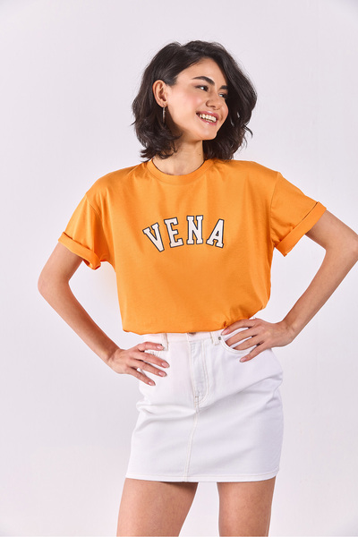 VENA Jeans Baskılı Bisiklet Yaka Regular Fit Tişört-Turuncu