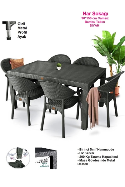 nar sokağı Bambu 90x150 Cm Camsız Rattan Bahçe Balkon Masa Takımı