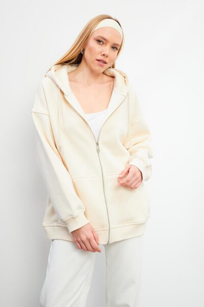 VENA Sallina Hooded Zippered Oversize Sweatshirt-Bone