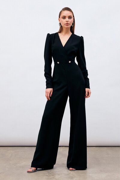 Sateen Double Breasted Ornamental Jewelled Crepe Jumpsuit - Black