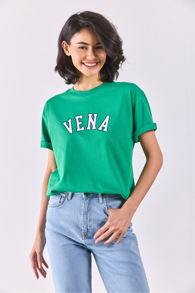 VENA Jeans Baskılı Bisiklet Yaka Regular Fit Tişört-Yeşil