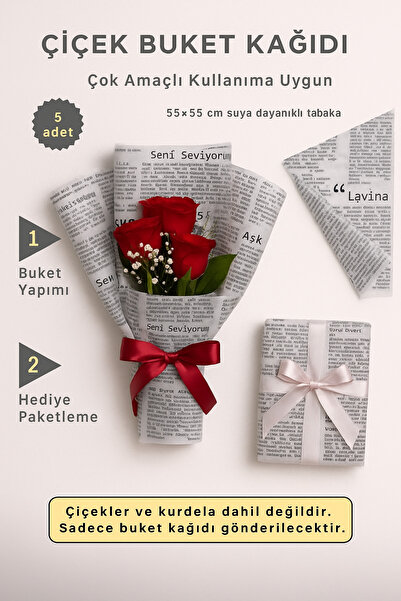 COLORPAK Çiçek Buket Ambalaj Jelatin Kağıdı (Aşk Şiirleri Baskılı) siyah yazılar 55x55cm (5 adet)