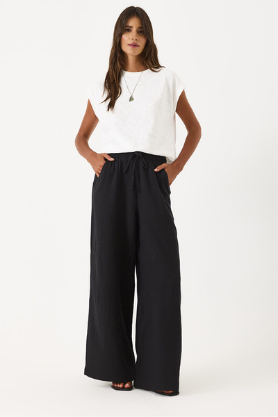 VENA Gigi High Waist Wide Leg Muslin Trousers - Black