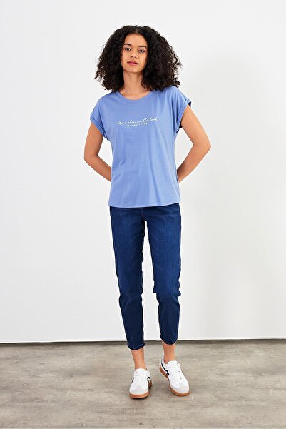 VENA Tricou Shine cu gât rotund imprimat cu croială normală-albastru cer