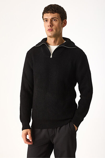 VENA Regular Fit Stand Collar Half Zip Knit Sweater-Black
