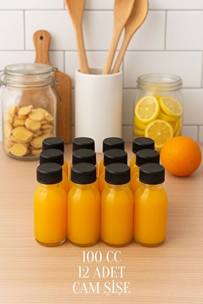 Rotanev 12 Adet 100 ml Kilitli Siyah Kapaklı Şeffaf Detox Shot Şişesi 100 Cc Ginger Şat Beyaz Cam Şişe