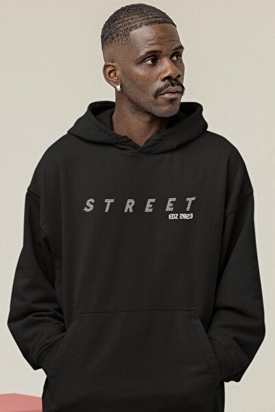 Edizen سترة هوديي ستريت لايف للجنسين مقاس كبير بغطاء للرأس باللون الأسود