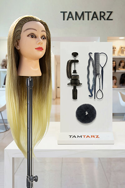 TAM TARZ Hairdresser Training Mannequin - Brown / Platinum + Table Apparatus + Knitting Set + Knob Sponge