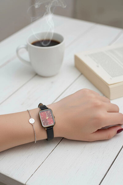 MİLABELLA Nicole Siyah Cilt Bordo Deri Kordonlu Kare Minimal Kadın Kol Saati