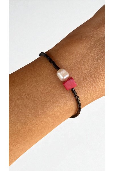 Bensei Takı Dükkanı Bensei Natural Pearl and Natural Coral Accessories, Miyuki Beads, Steel Chain and Bracelet with Lock