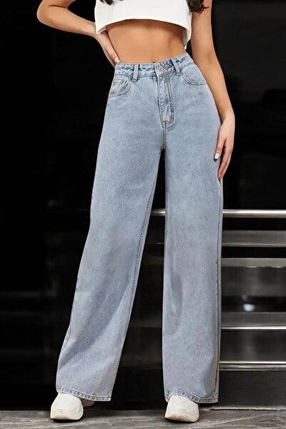 byhaziran butik بنطلون جينز أزرق واسع الساق وخصر مرتفع للفتيات المراهقات