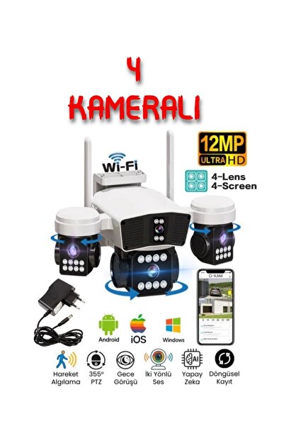 O-KAM 6064 4 Kameralı 12MP WiFi Güvenlik Kamerası – Çift Yönlü Ses, Kişi Algı...