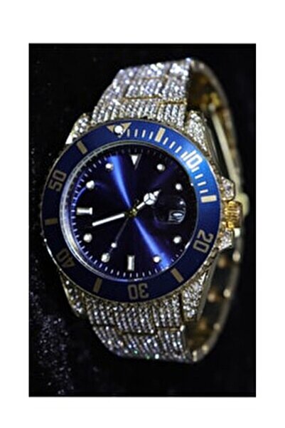 ÇENÇEN Full Taşlı Mavi Kadran Iced Submariner Case Watch