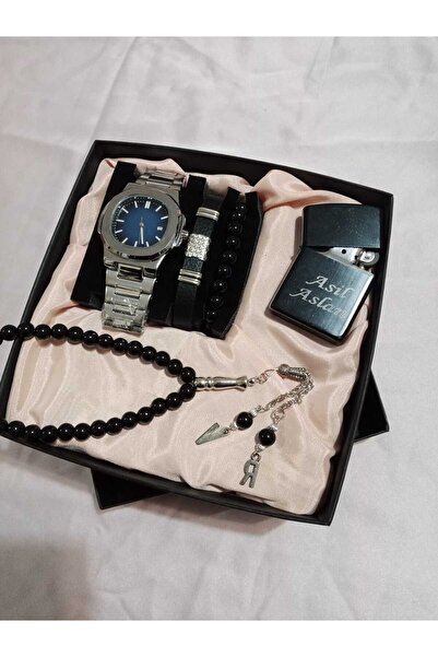 QUARTZ Özel Kutulu Hediyelik Çakmaklı Erkek Kombin Saat Seti Tesbih-Bileklik ...