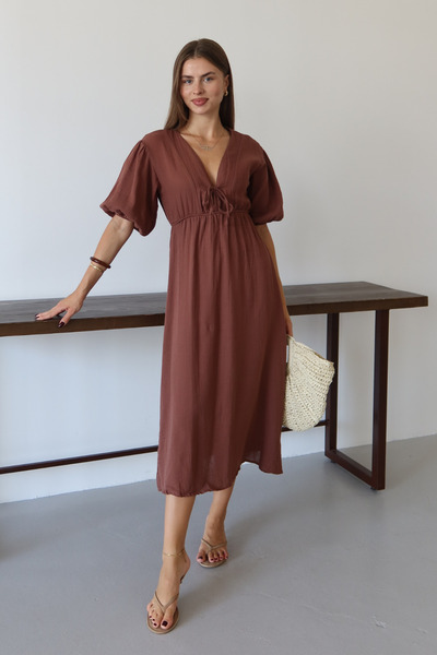 Balenbi Γυναικείο ελαφρύ διαφανές βασικό φόρεμα μουσελίνας με δέσιμο μπροστά 1105