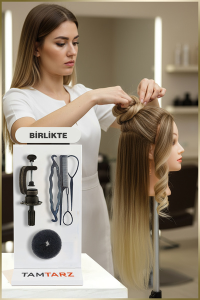 TAM TARZ Hairdresser Training Mannequin - Brown / Platinum + Table Apparatus + Knitting Set + Knob Sponge