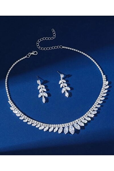 Mihra Aksesuar Stylish Crystal Rhinestone Necklace Earring Set Bridal Special Occasion Henna Engagement Set