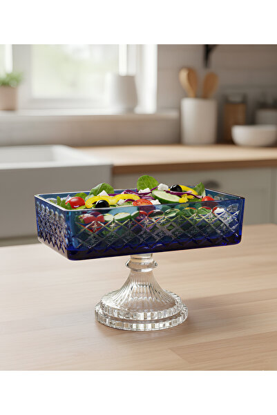 Akden Kristal Crystal Cutting Decor Ektrella Blue Baton Presentation Glass Bowl
