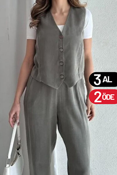 adba style Lyocell Dokuma Yelekli Palazzo Kadın Takım 4055